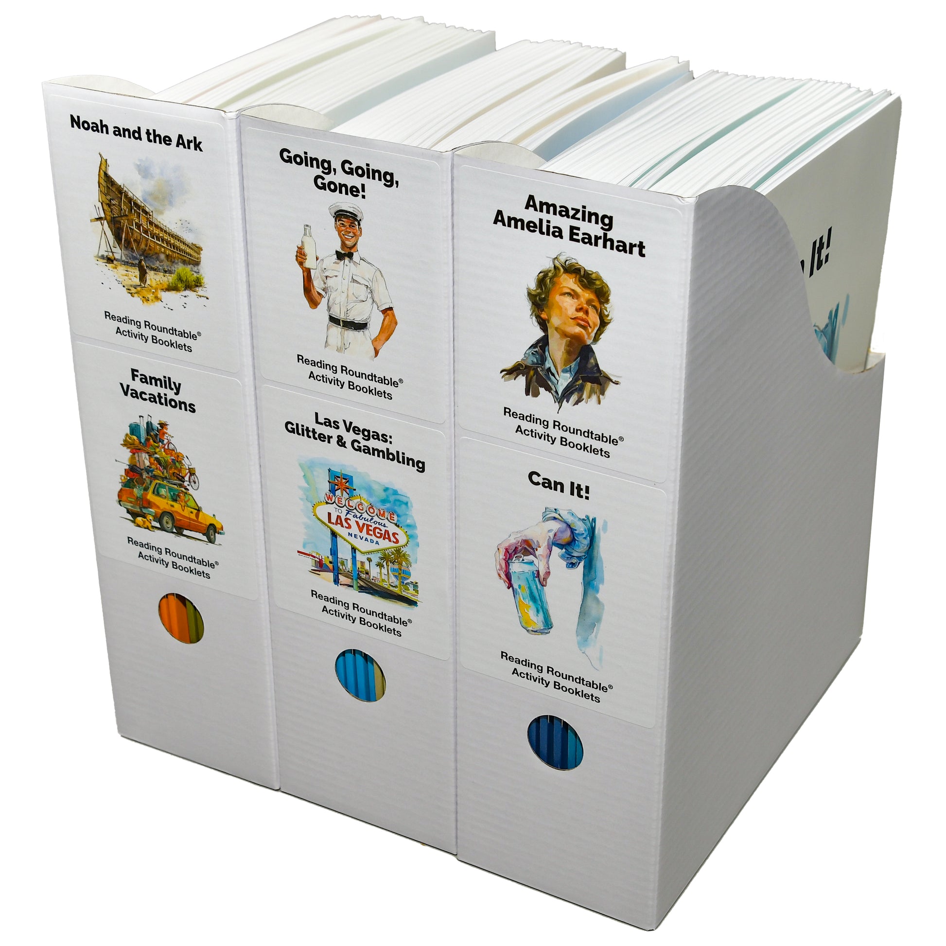 Reading Roundtable Box Set dementia books - sample set up for 6 titles in 3 boxes, shown at an angle from the right