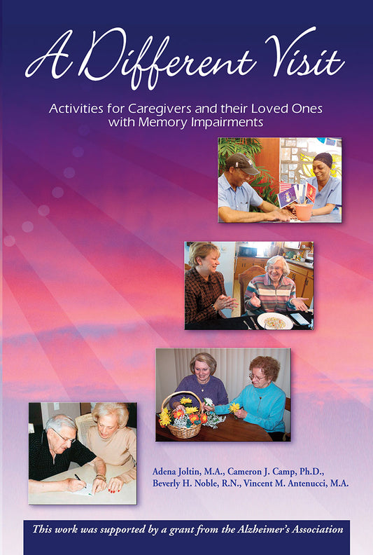 Cover Image of A Different Visit Activity Manual. Includes 4 photos of pairs of people writing, flower arranging, setting the table, and engaging with flags.